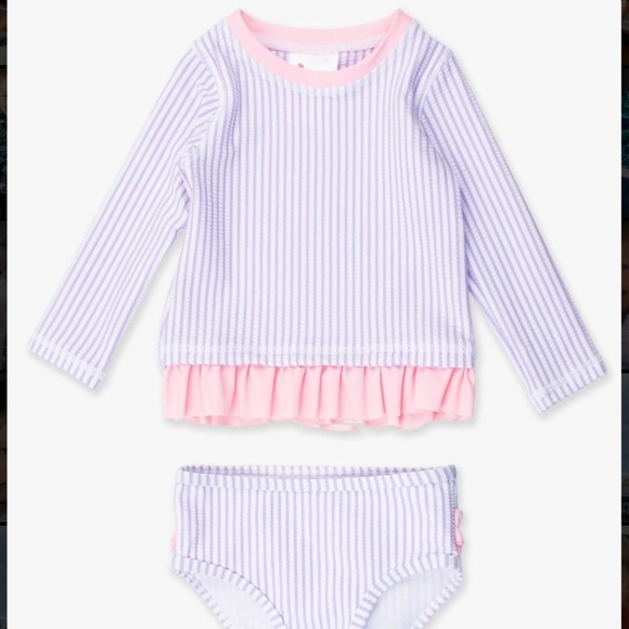 Ruffle Butts Seersucker Long Sleeve Rash Guard 2 Piece Swimsuit - Picture 1 of 10